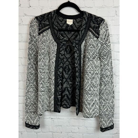 CHICO'S black white wool blend beaded crystal open front knit cardigan blazer M - Picture 1 of 9
